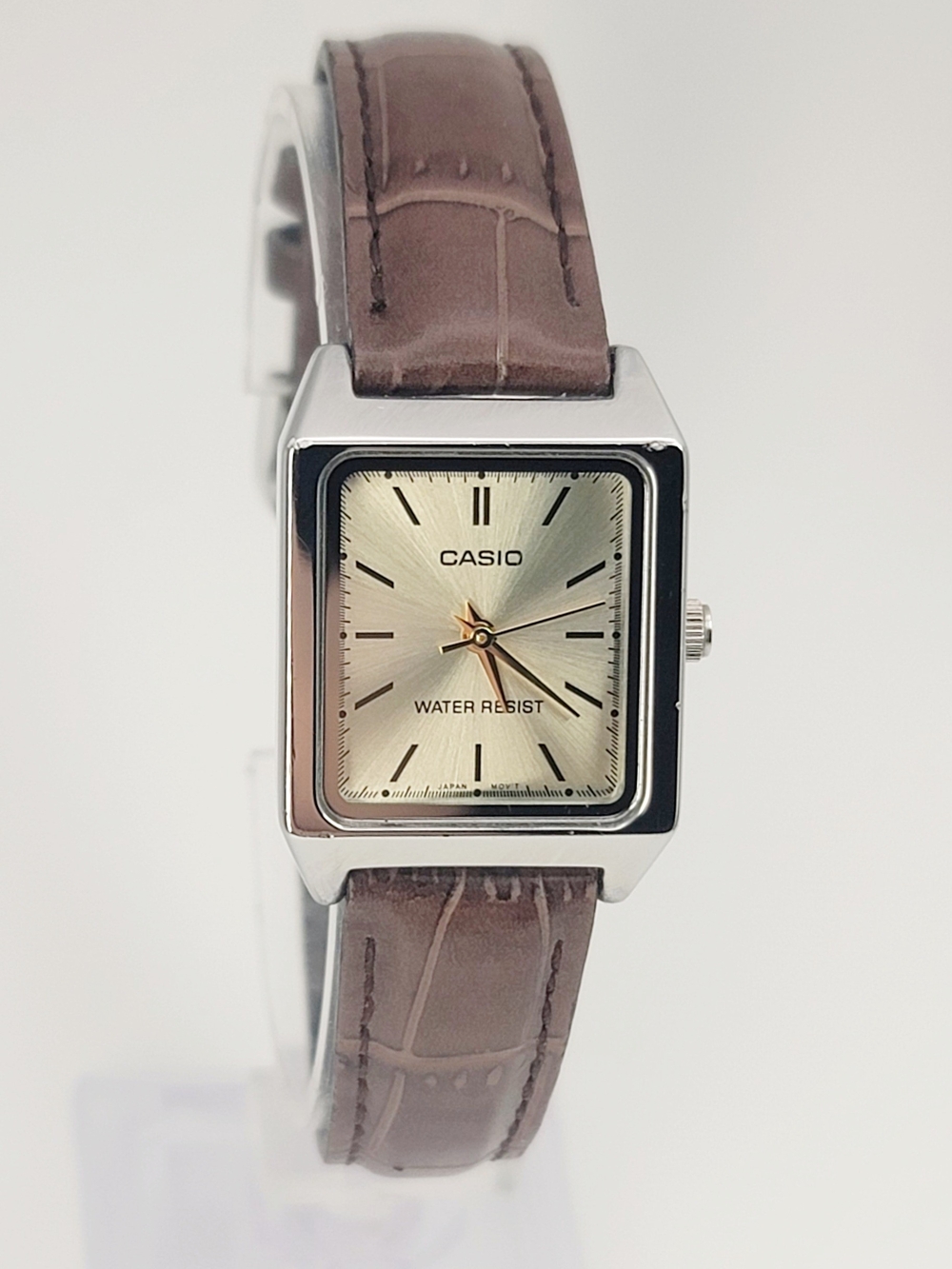 Casio LTP-V007L-9B Women's Tank Watch Champagne Dial Brown Leather